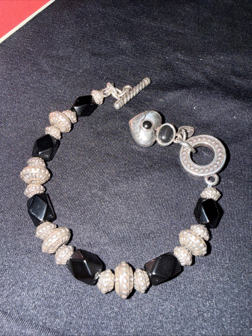 Brighton Black Onyx stones Beaded Toggle Bracelet love Heart